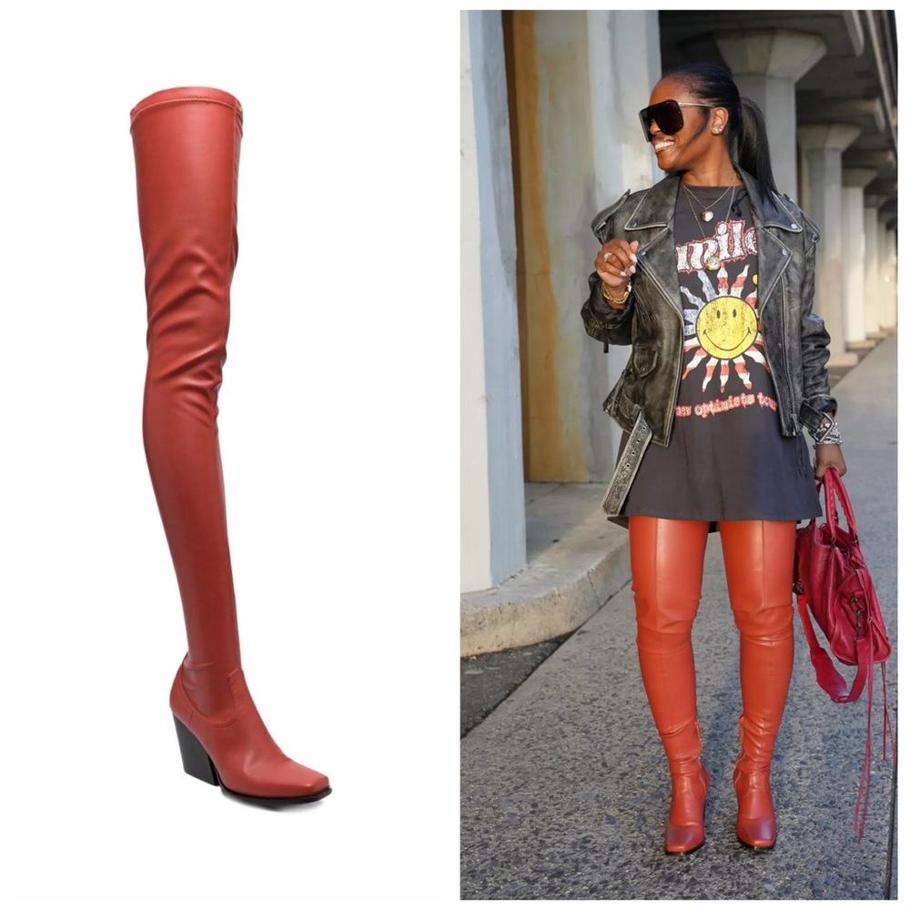 Stella McCartney Red Orange Over Knee Boots Western Stretch Vegan 6 Cowboy 🟡
